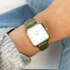 CLUSE Montres Or|La Tétragone^La Tétragone Leather Green Alligator, Gold Colour