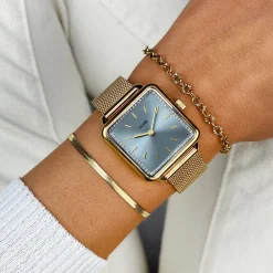 CLUSE Montres Or|La Tétragone^La Tétragone Watch Mesh stones Light Blue, Gold Colour