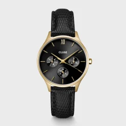 CLUSE Montres Noir|Minuit Multifunction^Minuit Multifunction Black Watch Leather, Black Lizard, Gold Colour